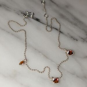 Sterling Anklet w/ 3 Garnet Hearts. Handmade - 10" total